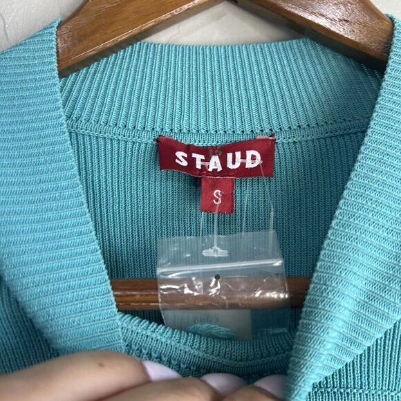 STAUD Clara Knit Top Long Sleeve Small Turquoise Heart Cutout Ribbed Knit NWT - Picture 5 of 9